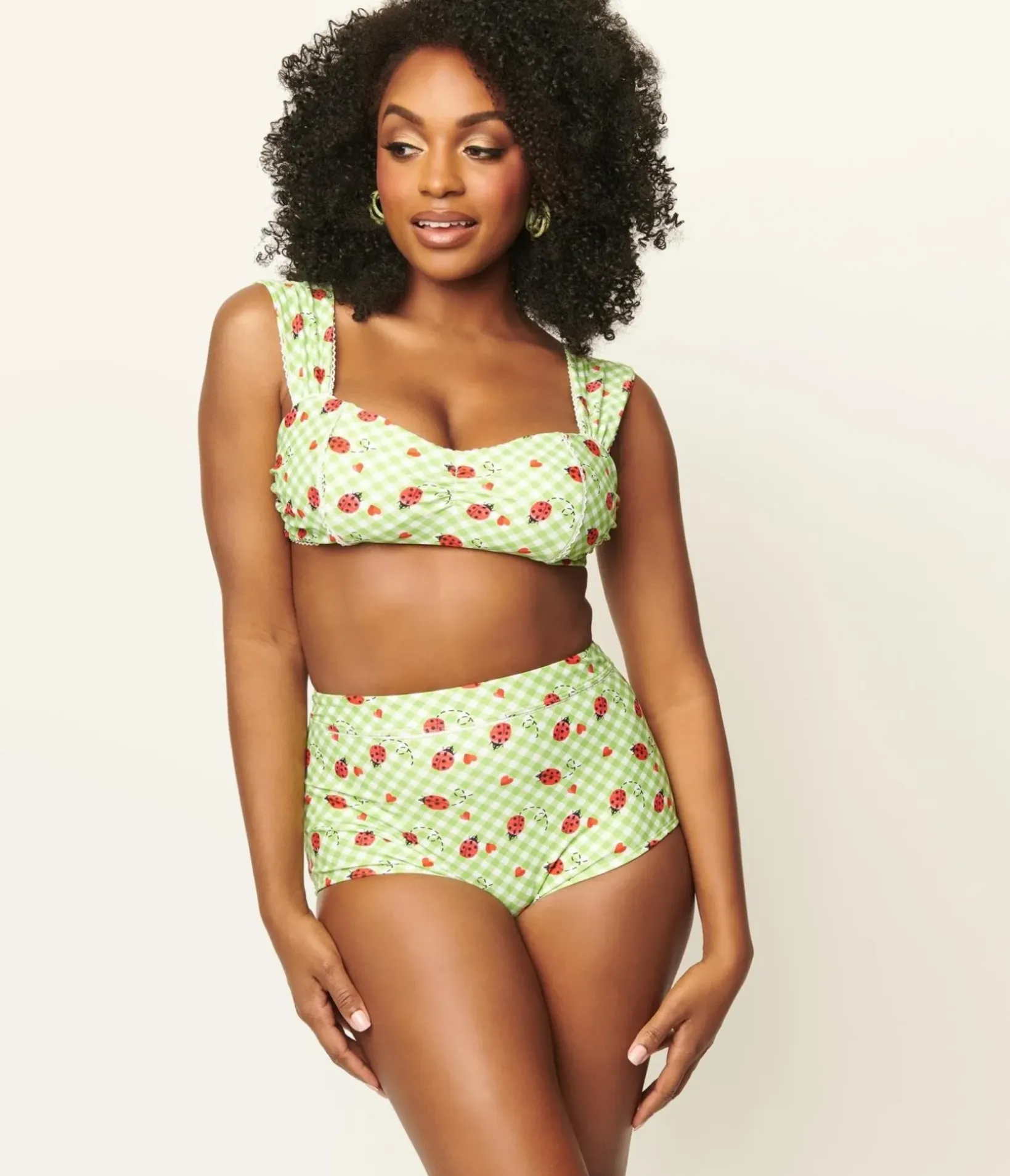 Unique Vintage Swim Tops|Two Piece Swim>Green Gingham & Ladybug Print Ruched & Ready Swim Top