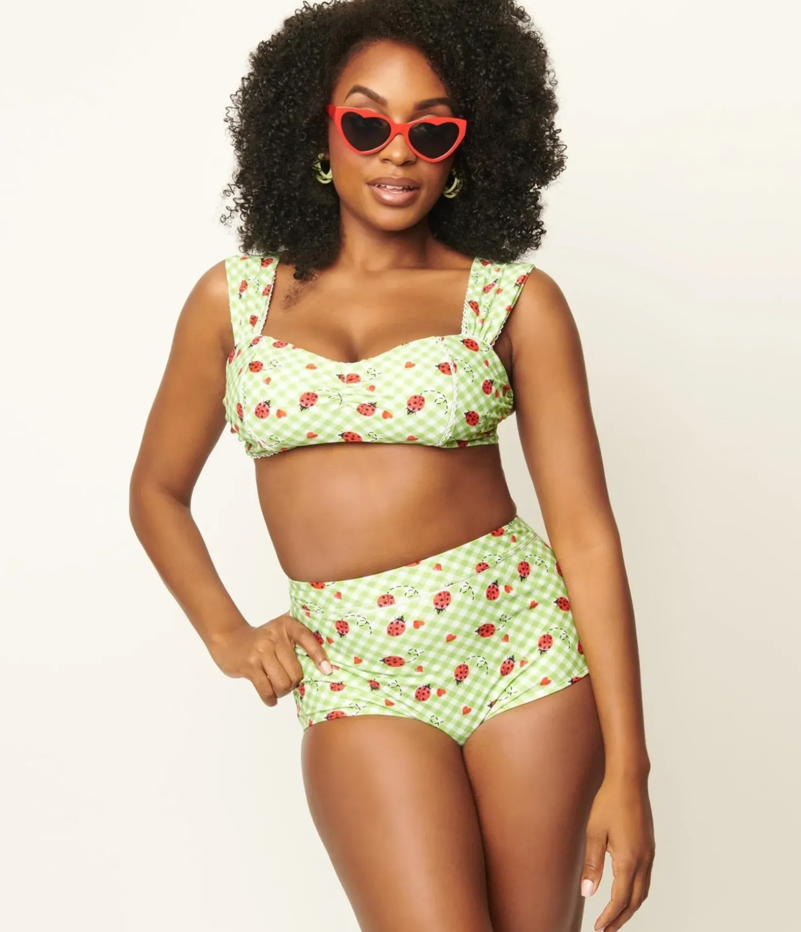 Unique Vintage Swim Tops|Two Piece Swim>Green Gingham & Ladybug Print Ruched & Ready Swim Top