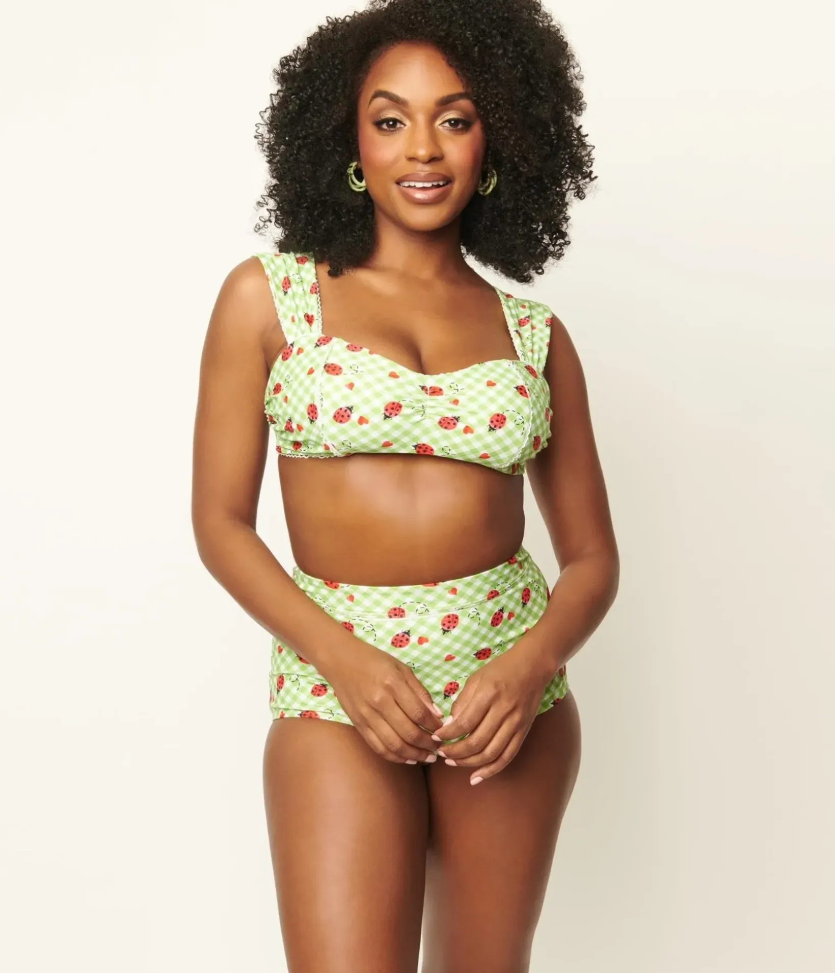 Unique Vintage Swim Tops|Two Piece Swim>Green Gingham & Ladybug Print Ruched & Ready Swim Top