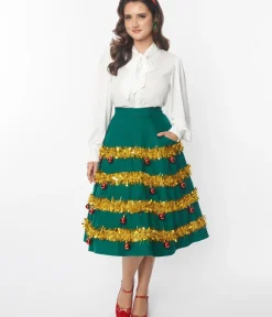 Unique Vintage Skirts|Skirts>Green & Gold Tinsel & Ornament Soda Shop Swing Skirt