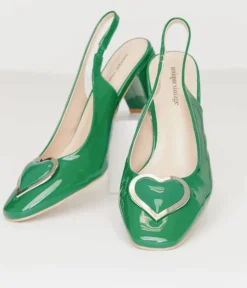 Unique Vintage Heels>Green Heart Leatherette Slingback Heels