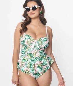 Unique Vintage Swim Bottoms|All Things Pink>Green & Pink Monstera Leaf Daphne Swim Bottoms