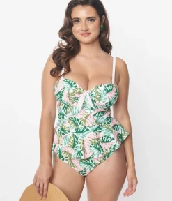 Unique Vintage Swim Tops|All Things Pink>Green & Pink Monstera Leaf Solana Tankini Swim Top