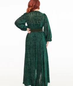 Unique Vintage Maxi|Everyday Dresses>Green Velvet Burnout Hollywood Duster