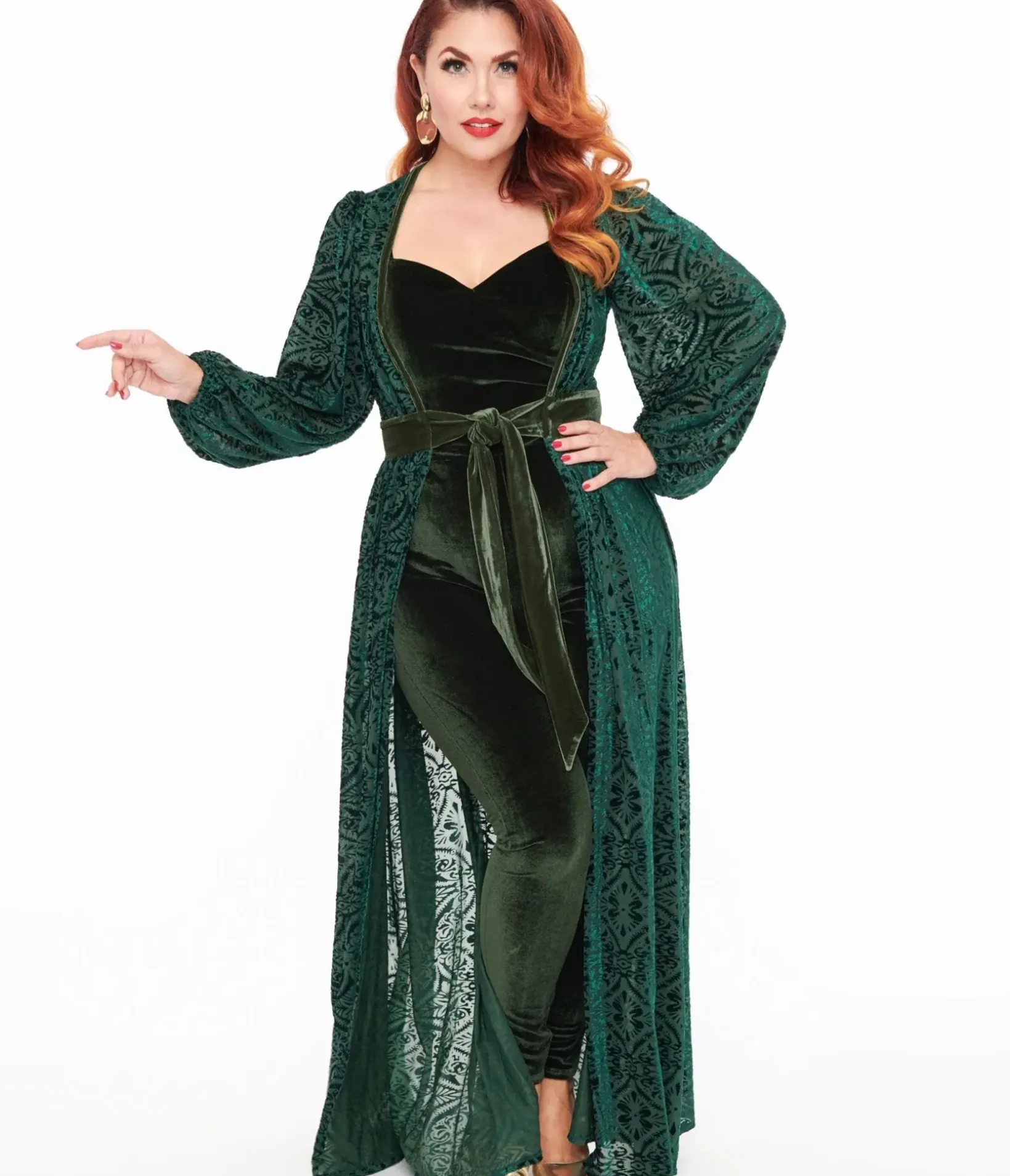 Unique Vintage Maxi|Everyday Dresses>Green Velvet Burnout Hollywood Duster