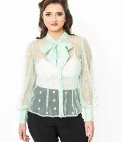 Unique Vintage Blouses>Green & White Daisy Print Sheer Gwen Blouse