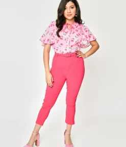 Unique Vintage Pants|All Things Pink>Hot Pink Belted High Waist Rachelle Capri Pants