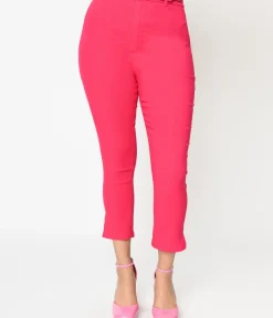 Unique Vintage Pants|All Things Pink>Hot Pink Belted High Waist Rachelle Capri Pants