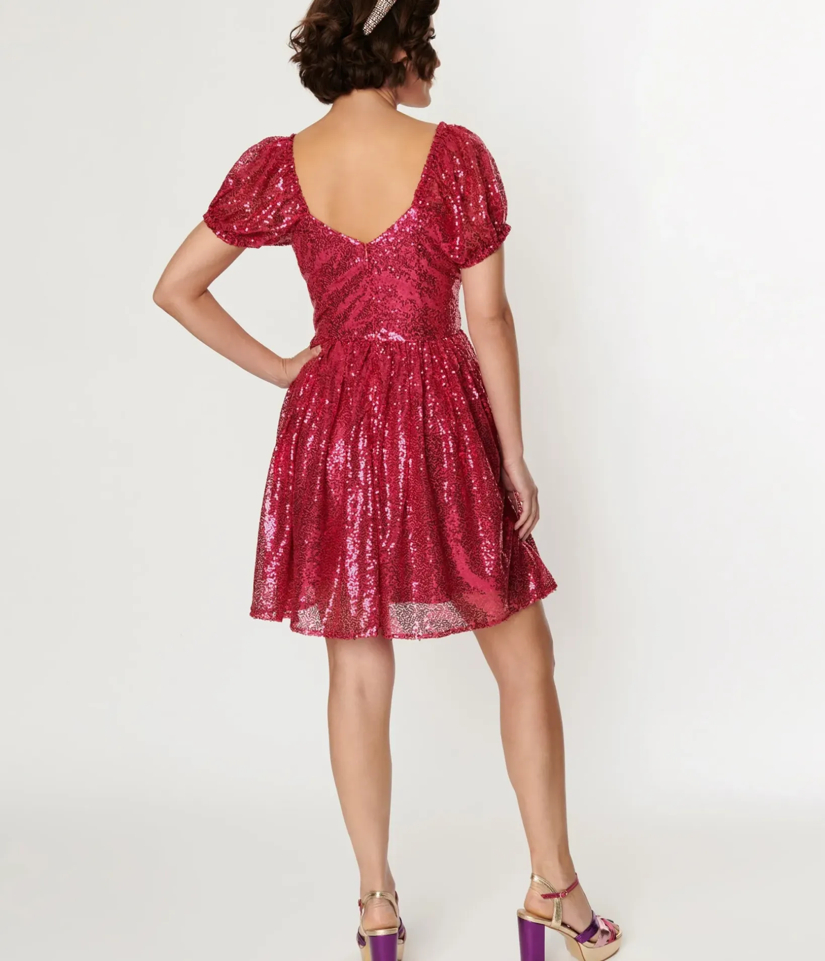 Unique Vintage Fit & Flare|Everyday Dresses>Hot Pink Sequin Sweetheart Fit & Flare Dress