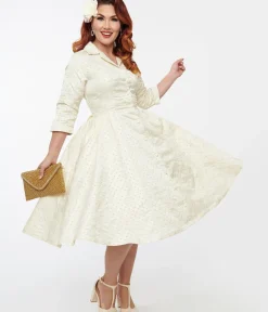 Unique Vintage Swing|Everyday Dresses>Ivory & Gold Brocade Swing Dress