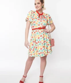 Unique Vintage Fit & Flare|Fit & Flare>Ivory & Red Tomato Print Flare Dress