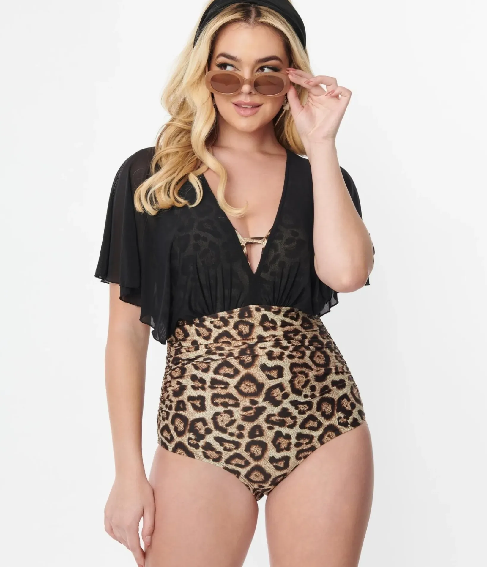 Unique Vintage One Piece Swim>Leopard & Black Mesh Sleeved Torrey Swimsuit