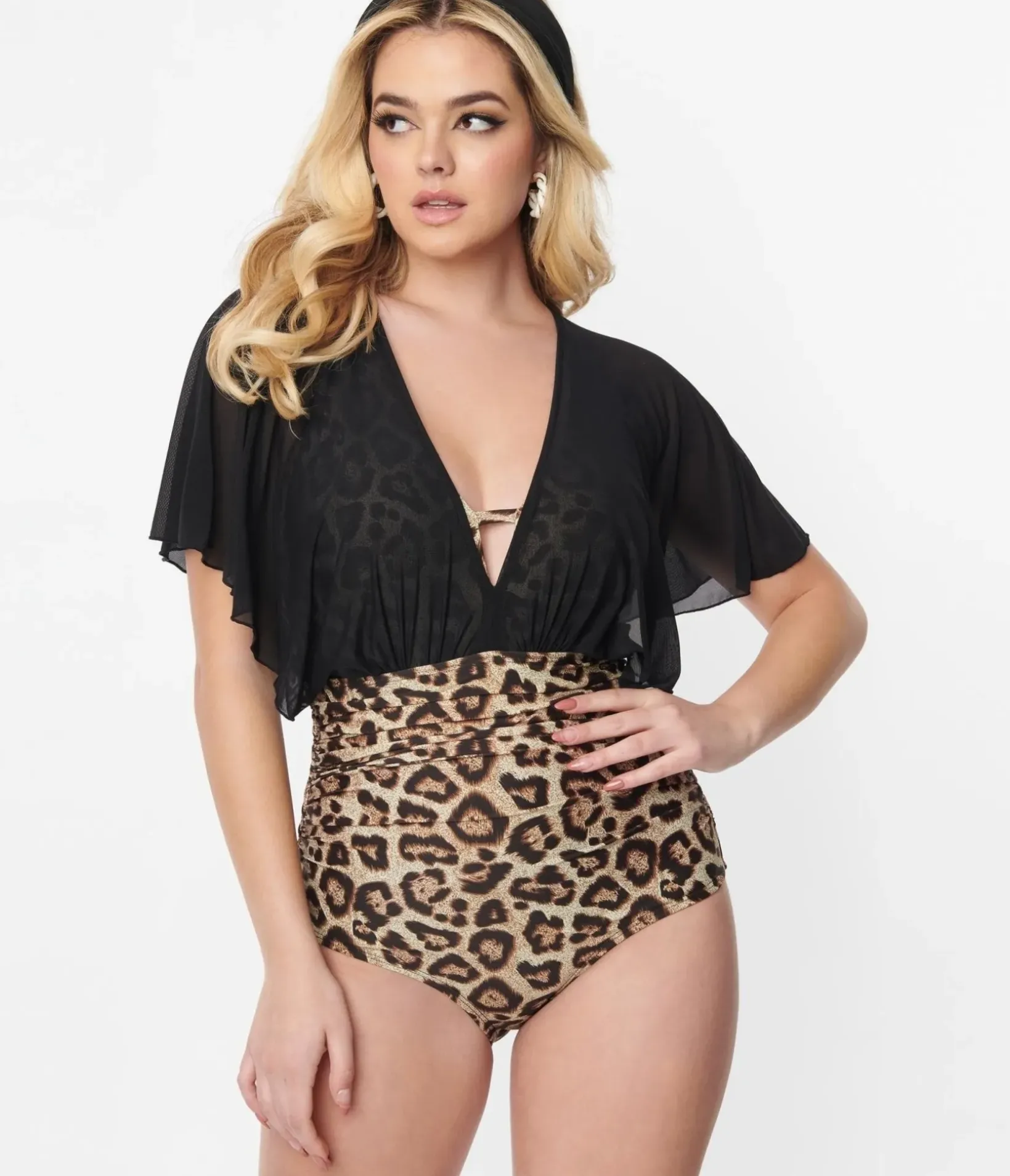 Unique Vintage One Piece Swim>Leopard & Black Mesh Sleeved Torrey Swimsuit