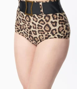 Unique Vintage Swim Bottoms|Two Piece Swim>Leopard Print High Waist Belted Swim Bottom