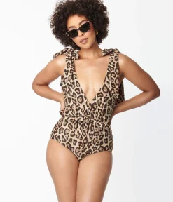 Unique Vintage One Piece Swim>Leopard Print Plunge One Piece Swimsuit