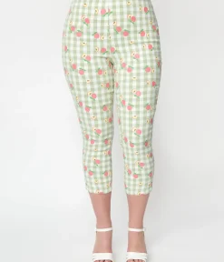 Unique Vintage Pants>Light Green Gingham & Peaches Rachelle Capri Pants
