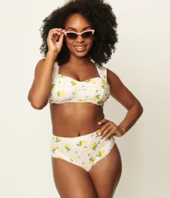 Unique Vintage Swim Tops|Two Piece Swim>Light Pink Stripes & Lemons Ruched & Ready Swim Top