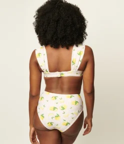 Unique Vintage Swim Tops|Two Piece Swim>Light Pink Stripes & Lemons Ruched & Ready Swim Top