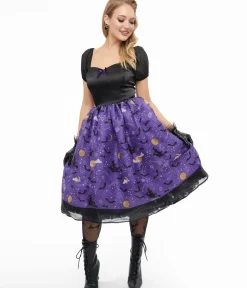 Unique Vintage Swing|Swing>Light Up 1950s Black & Purple Witch Swing Dress