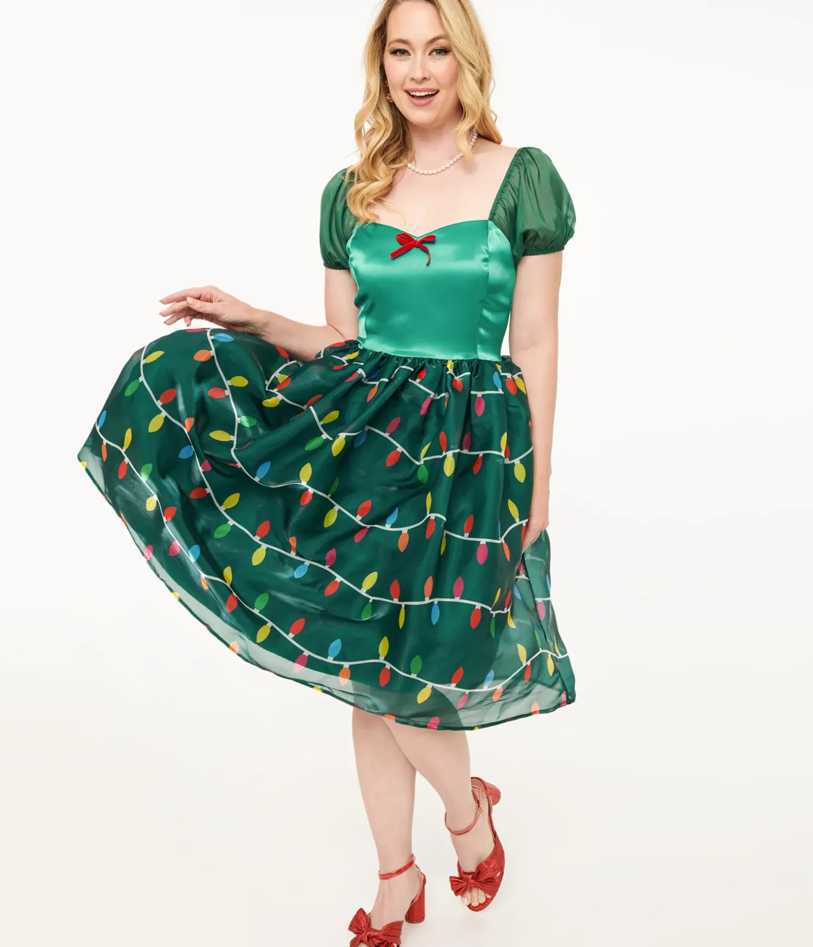Unique Vintage Swing|Everyday Dresses>Light Up1950s Green Christmas Lights Print Sweetheart Dress