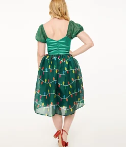 Unique Vintage Swing|Everyday Dresses>Light Up1950s Green Christmas Lights Print Sweetheart Dress