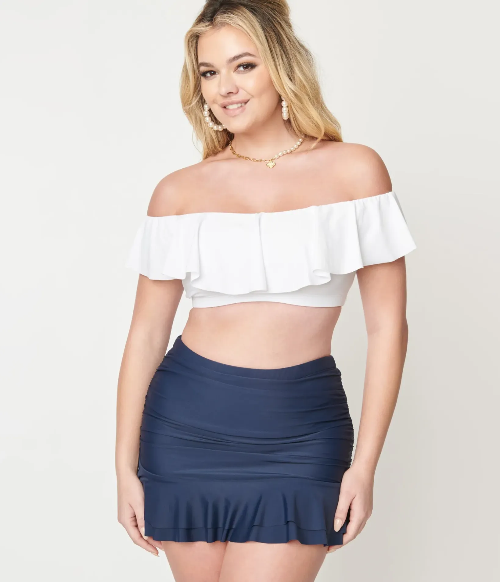 Unique Vintage Swim Bottoms|Two Piece Swim>Navy Blue Skirted High Waist Alice Swim Bottoms