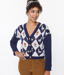 Unique Vintage Sweaters & Cardigans>Navy & Duck Argyle Sweater Cardigan