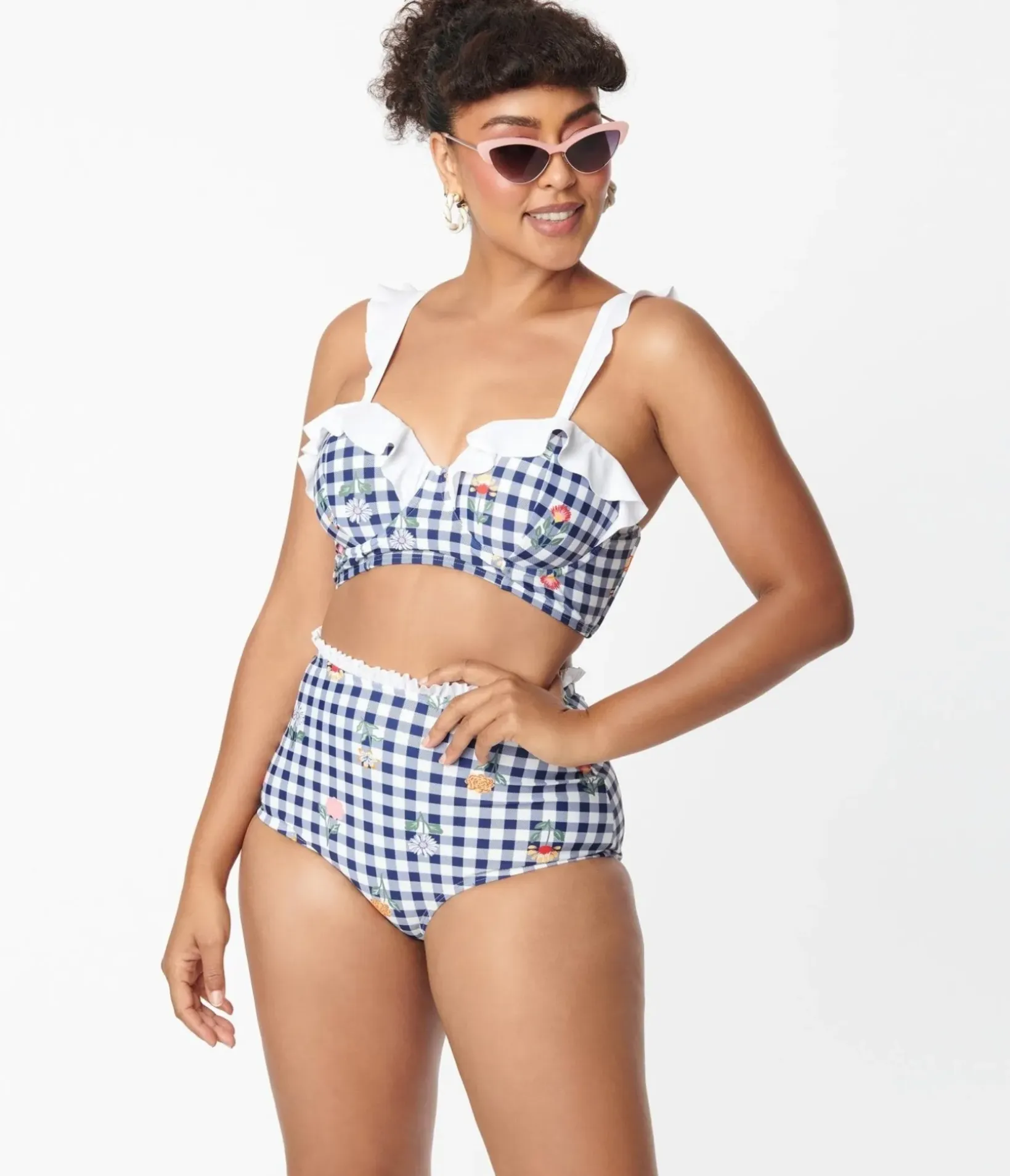 Unique Vintage Swim Tops|Two Piece Swim>Navy Gingham & Floral Southampton Swim Top