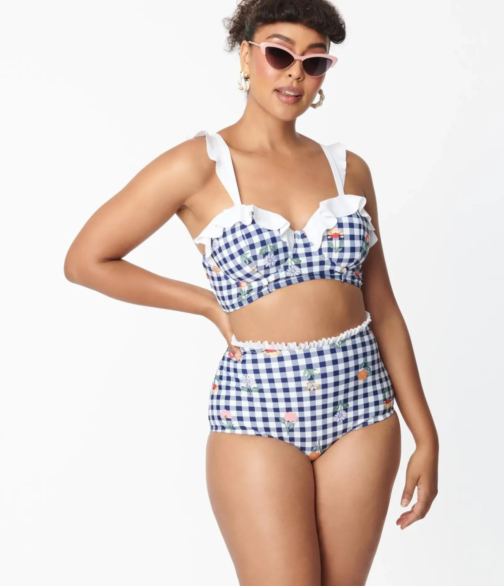 Unique Vintage Swim Tops|Two Piece Swim>Navy Gingham & Floral Southampton Swim Top