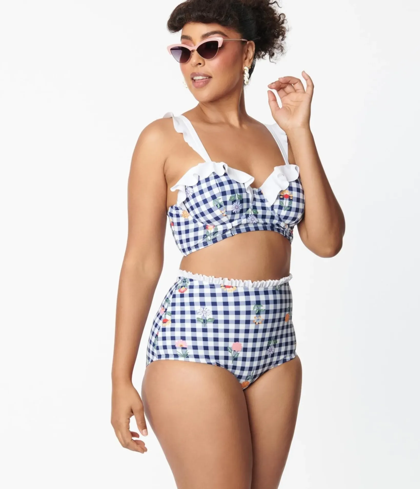 Unique Vintage Swim Tops|Two Piece Swim>Navy Gingham & Floral Southampton Swim Top
