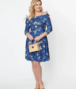 Unique Vintage Fit & Flare|Everyday Dresses>Navy & Orchard Print Off Shoulder Flare Dress
