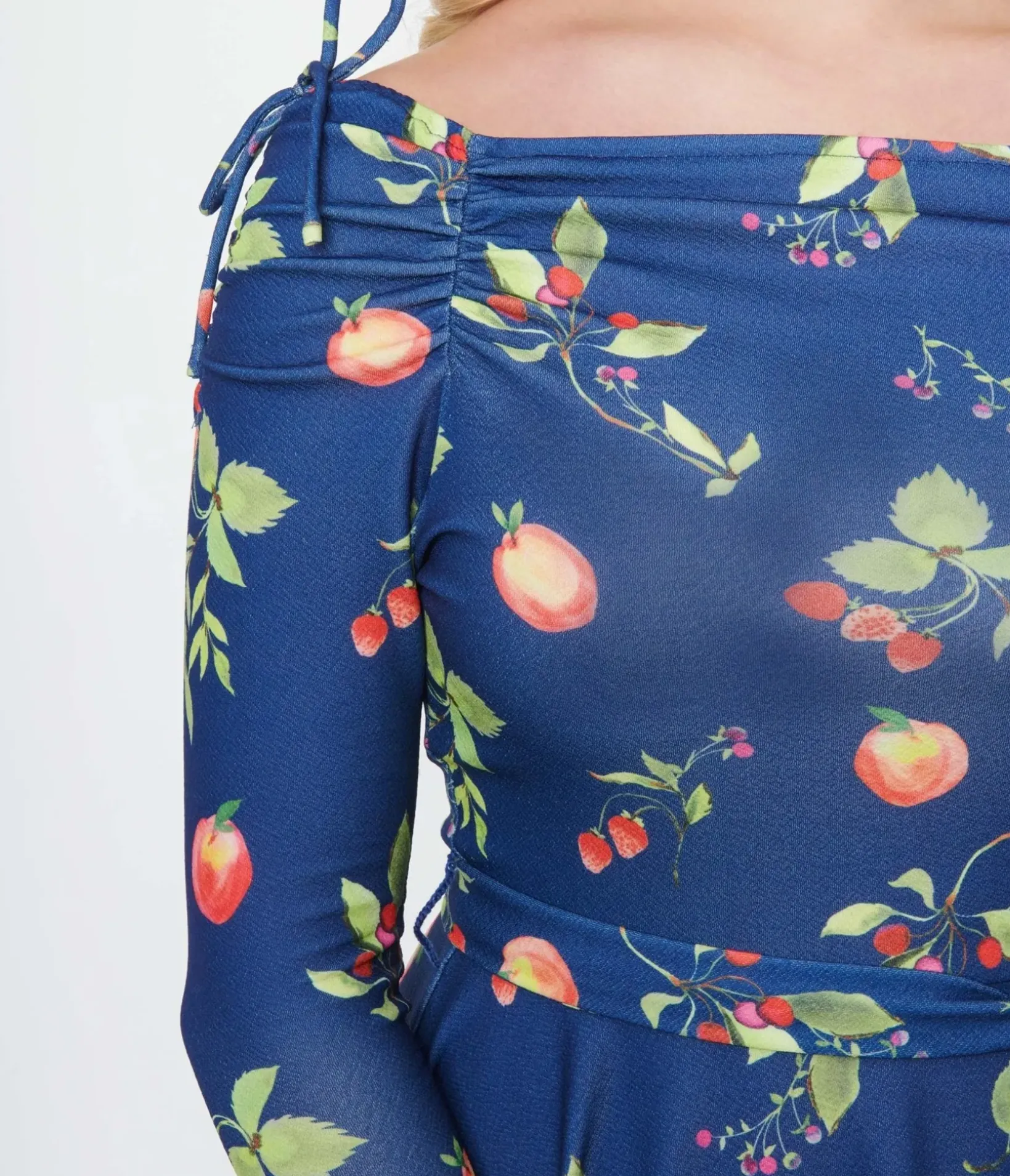 Unique Vintage Fit & Flare|Everyday Dresses>Navy & Orchard Print Off Shoulder Flare Dress