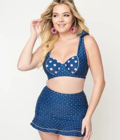 Unique Vintage Swim Bottoms|Two Piece Swim>Navy & Pink Pin Dot Alice Swim Skirt