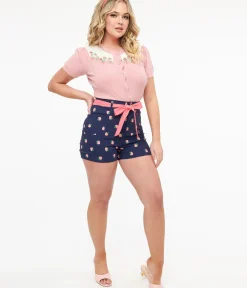 Unique Vintage Shorts|Summer Vacation>Navy & Pink Strawberry Stamp Tied & True Shorts