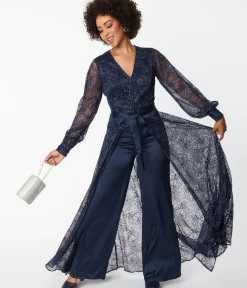 Unique Vintage Rompers & Jumpsuits>Navy Sparkle Lace Jumpsuit & Skirt Overlay