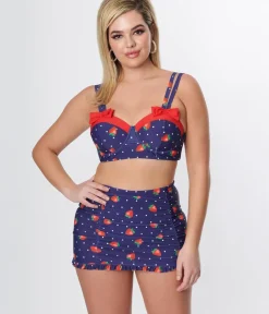 Unique Vintage Swim Tops>Navy Strawberry Pin Dot Bowed Over Swim Top