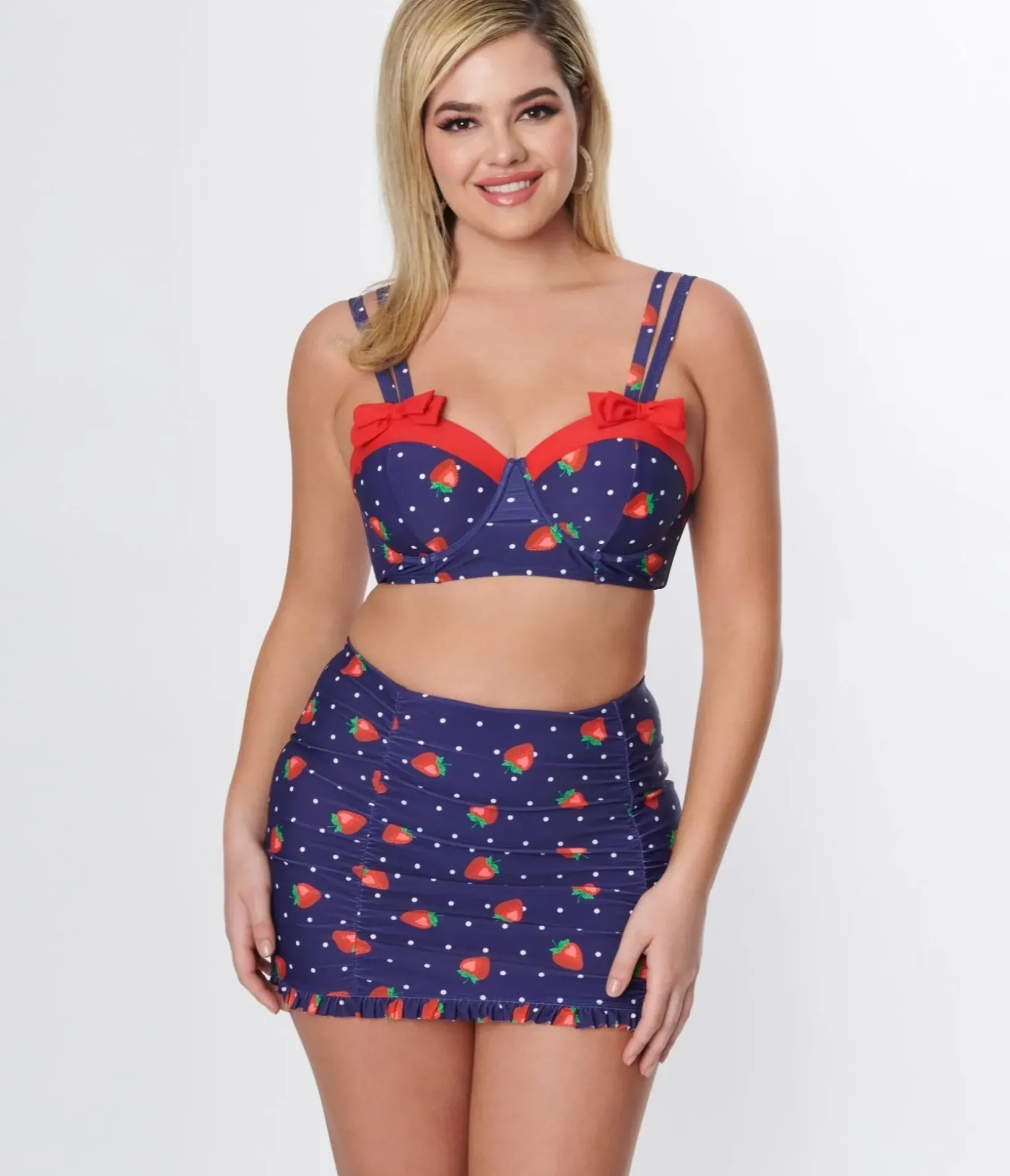 Unique Vintage Swim Tops>Navy Strawberry Pin Dot Bowed Over Swim Top