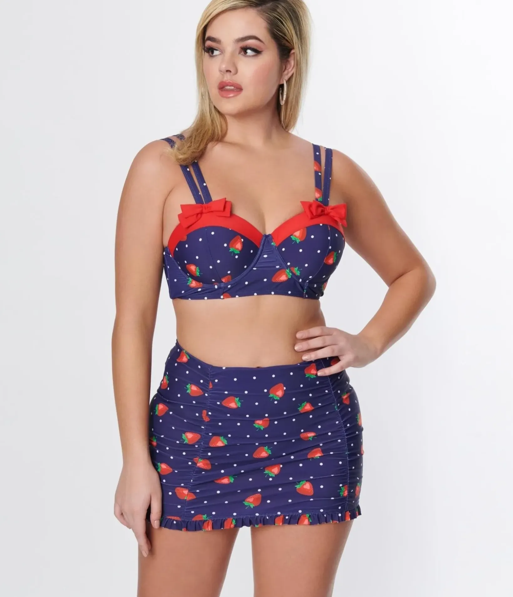 Unique Vintage Swim Tops>Navy Strawberry Pin Dot Bowed Over Swim Top