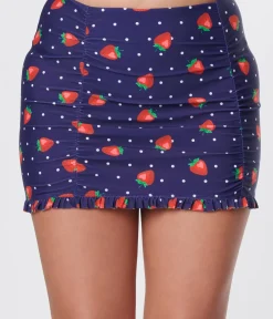 Unique Vintage Swim Bottoms|Two Piece Swim>Navy Strawberry Pin Dot Ruffled Swim Skirt