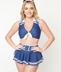Unique Vintage Swim Tops|Two Piece Swim>Navy & White Nautical Halter Swim Top