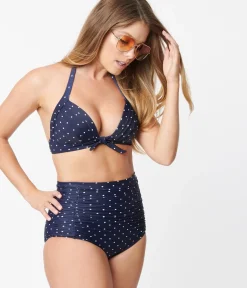 Unique Vintage Swim Tops|Two Piece Swim>Navy & White Pin Dot Monroe Halter Swim Top