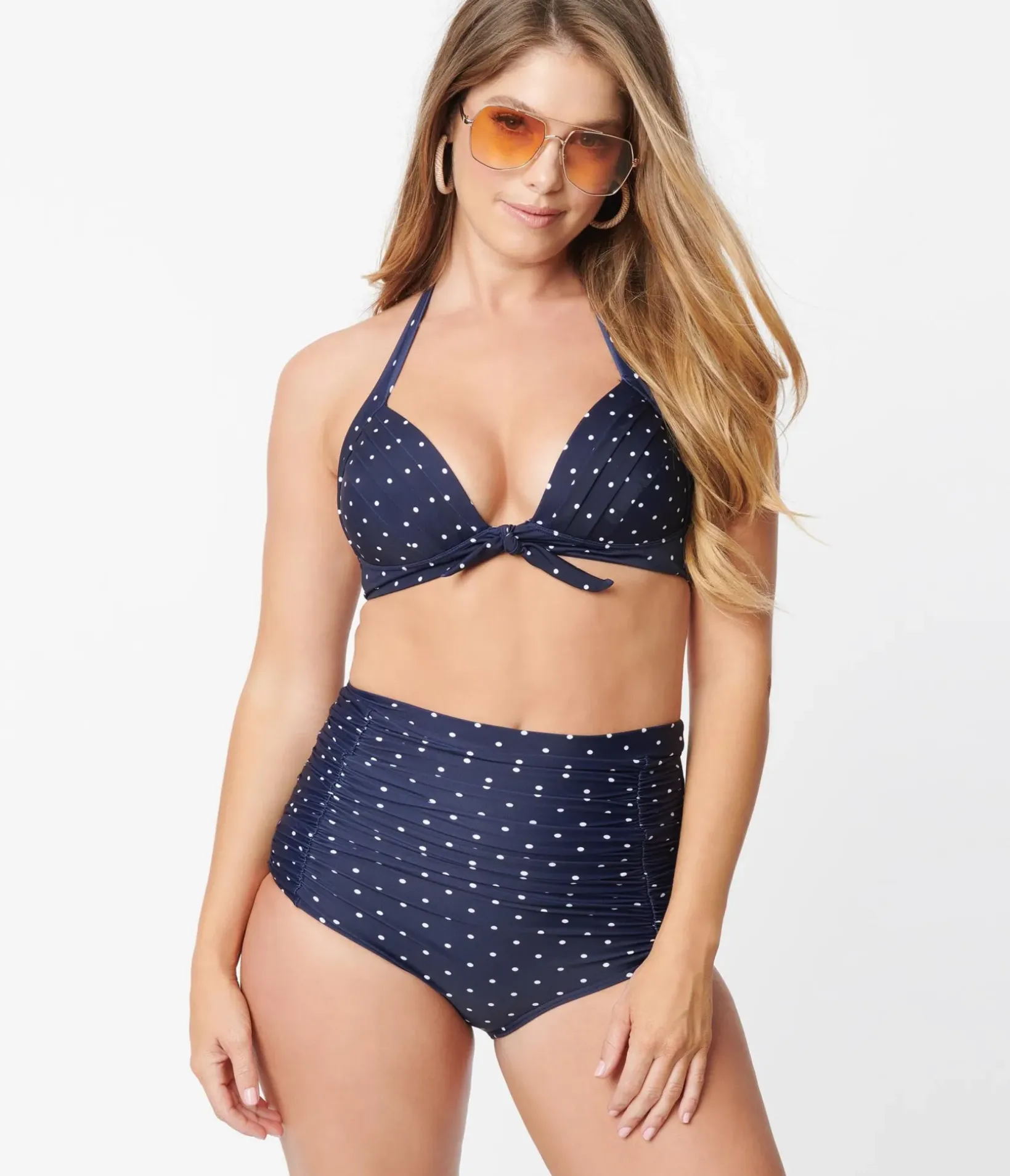 Unique Vintage Swim Tops|Two Piece Swim>Navy & White Pin Dot Monroe Halter Swim Top