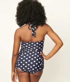 Unique Vintage One Piece Swim>Navy & White Polka Dot Corinne Halter Sheath Swimsuit