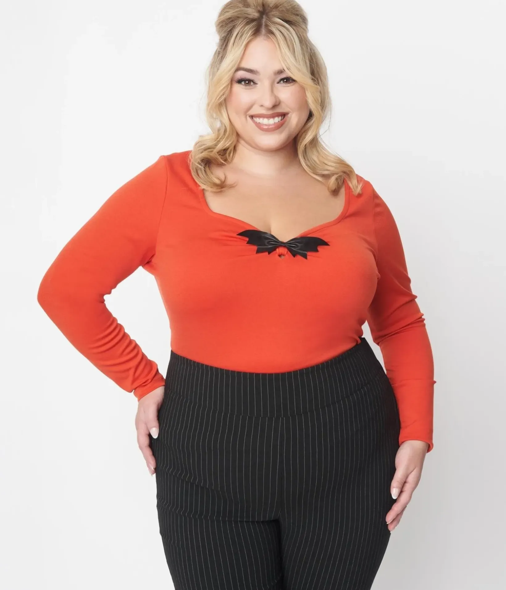 Unique Vintage Halloween>Orange & Black Bat Bow Long Sleeve Top