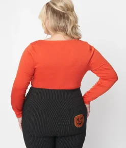 Unique Vintage Halloween>Orange & Black Bat Bow Long Sleeve Top