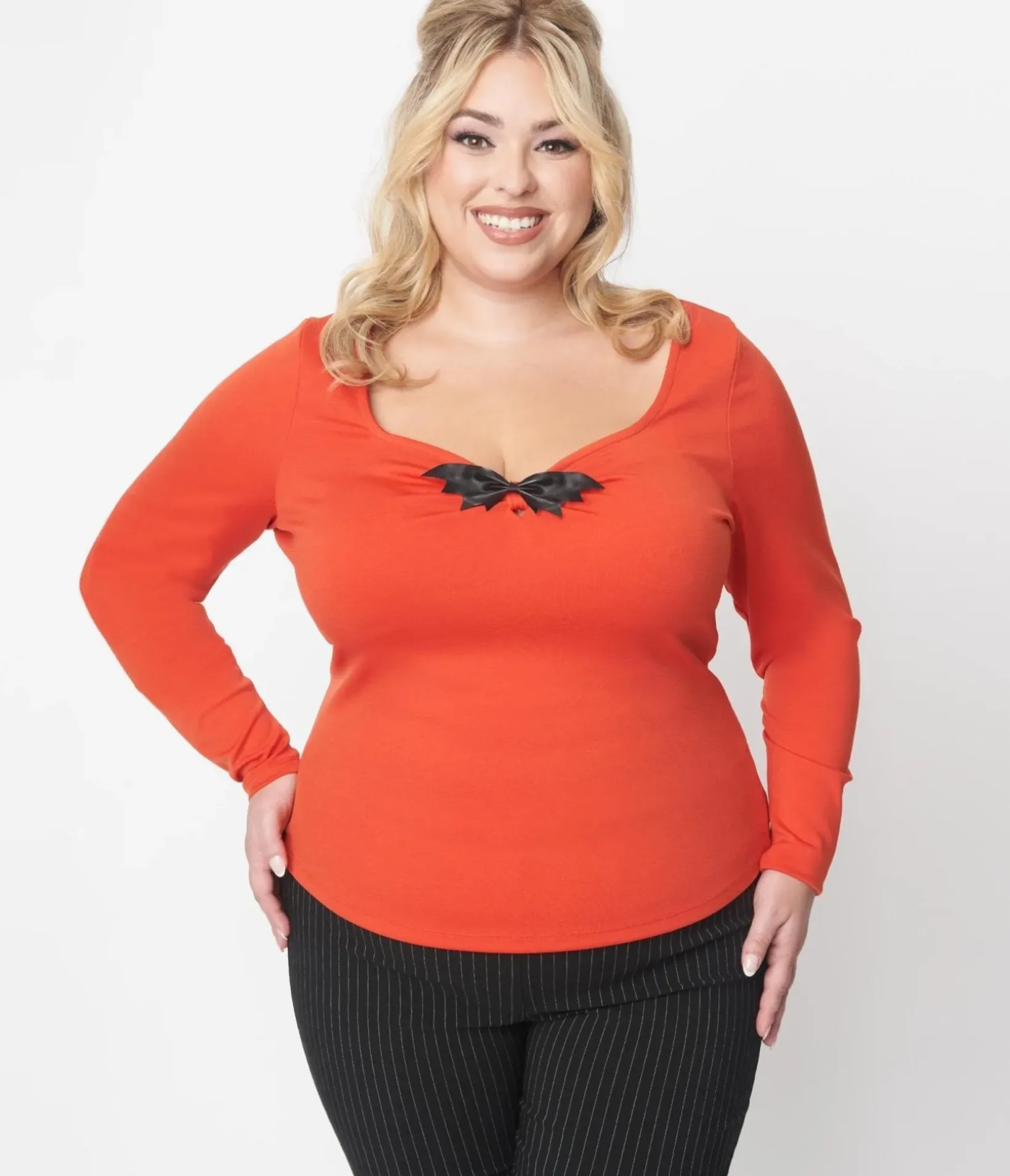 Unique Vintage Halloween>Orange & Black Bat Bow Long Sleeve Top