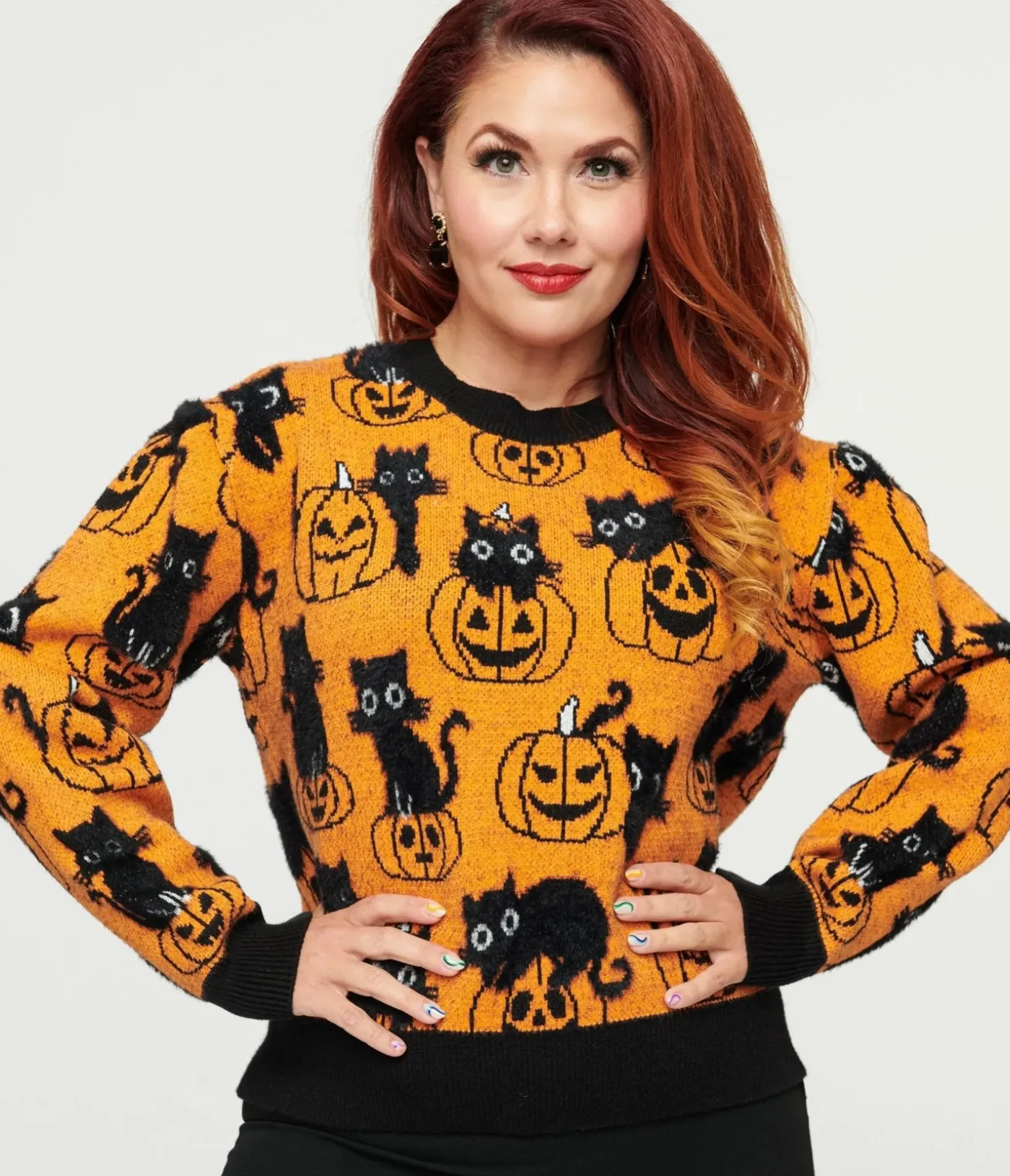 Unique Vintage Sweaters & Cardigans|Halloween>Orange Pumpkin & Black Cat Print Sweater