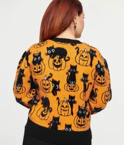 Unique Vintage Sweaters & Cardigans|Halloween>Orange Pumpkin & Black Cat Print Sweater
