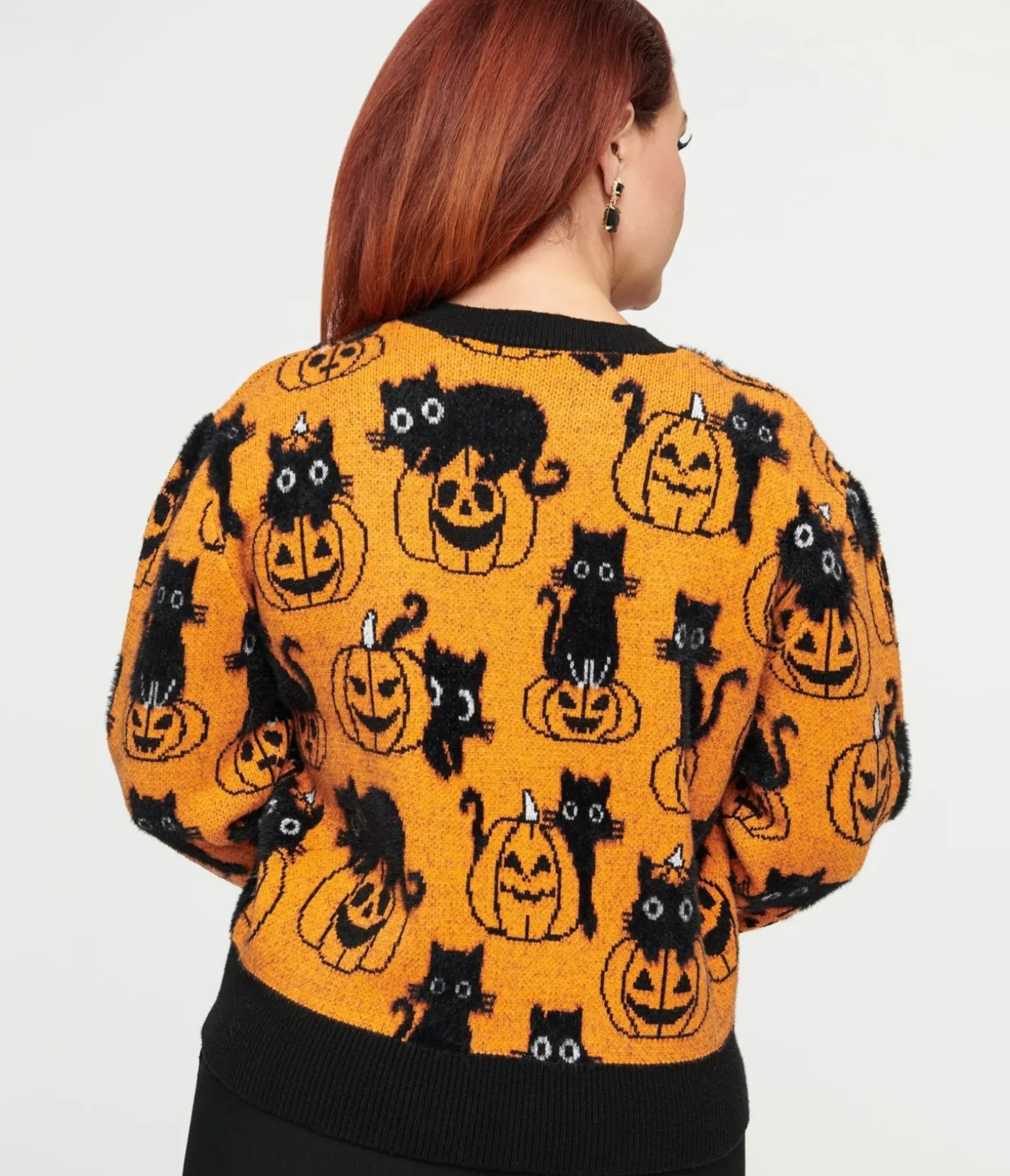 Unique Vintage Sweaters & Cardigans|Halloween>Orange Pumpkin & Black Cat Print Sweater
