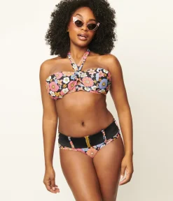 Unique Vintage All Things Pink>Pink & Blue Floral Print Belted Sunsational Swim Bottom